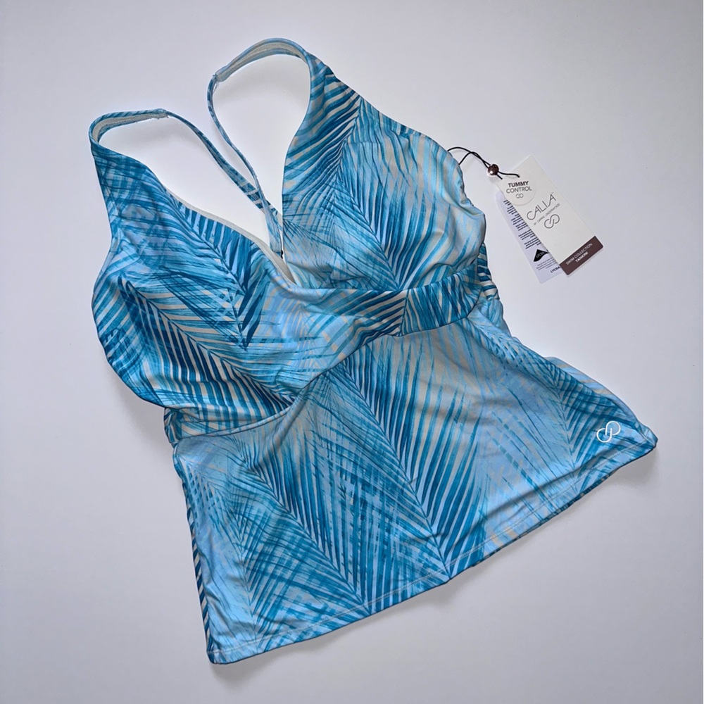 CALIA Wrap Front Tankini Swim Top Blue Soft Palms Size Large New